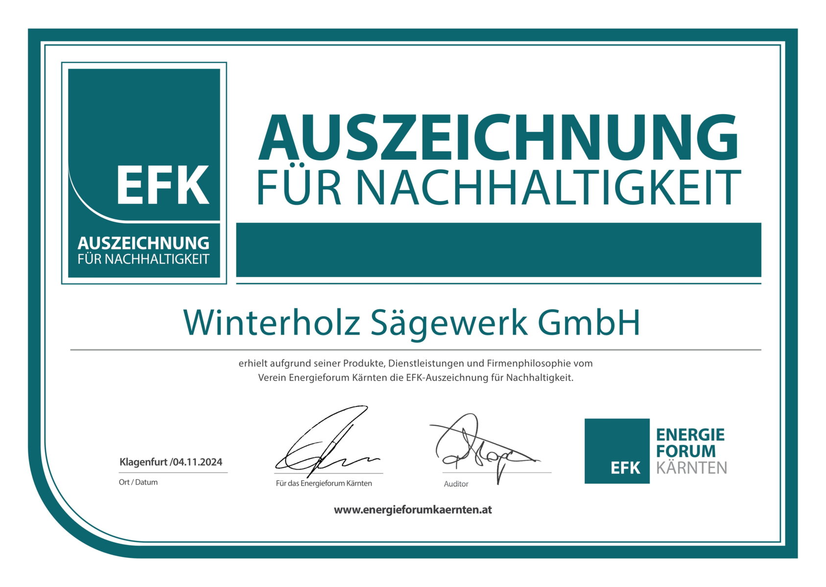 EFK Auszeichnung für Nachhaltigkeit